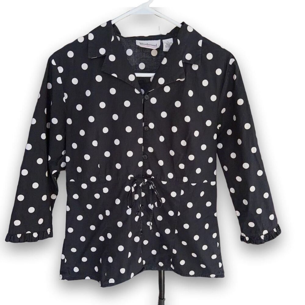 Vintage 90s Westbound Black Polka Dot Blouse size M
